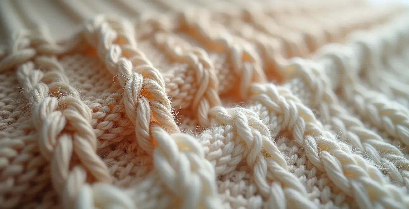 Détail texture du point mousse montrant sa polyvalence: du tricot classique à des créations contemporaines minimalistes