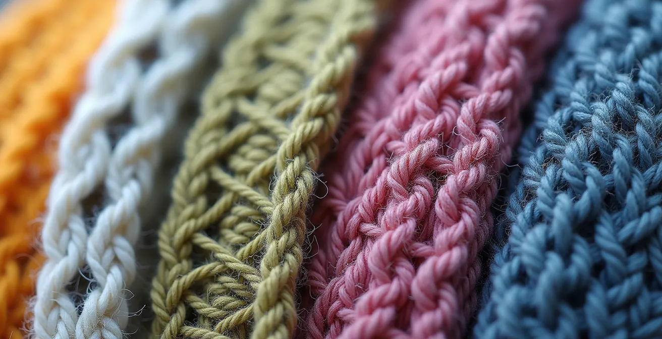 Collage de gros plans montrant différents points de tricot réversibles et spectaculaires : point de gaufre, point de riz, côtes brisées, et motif à mailles glissées.