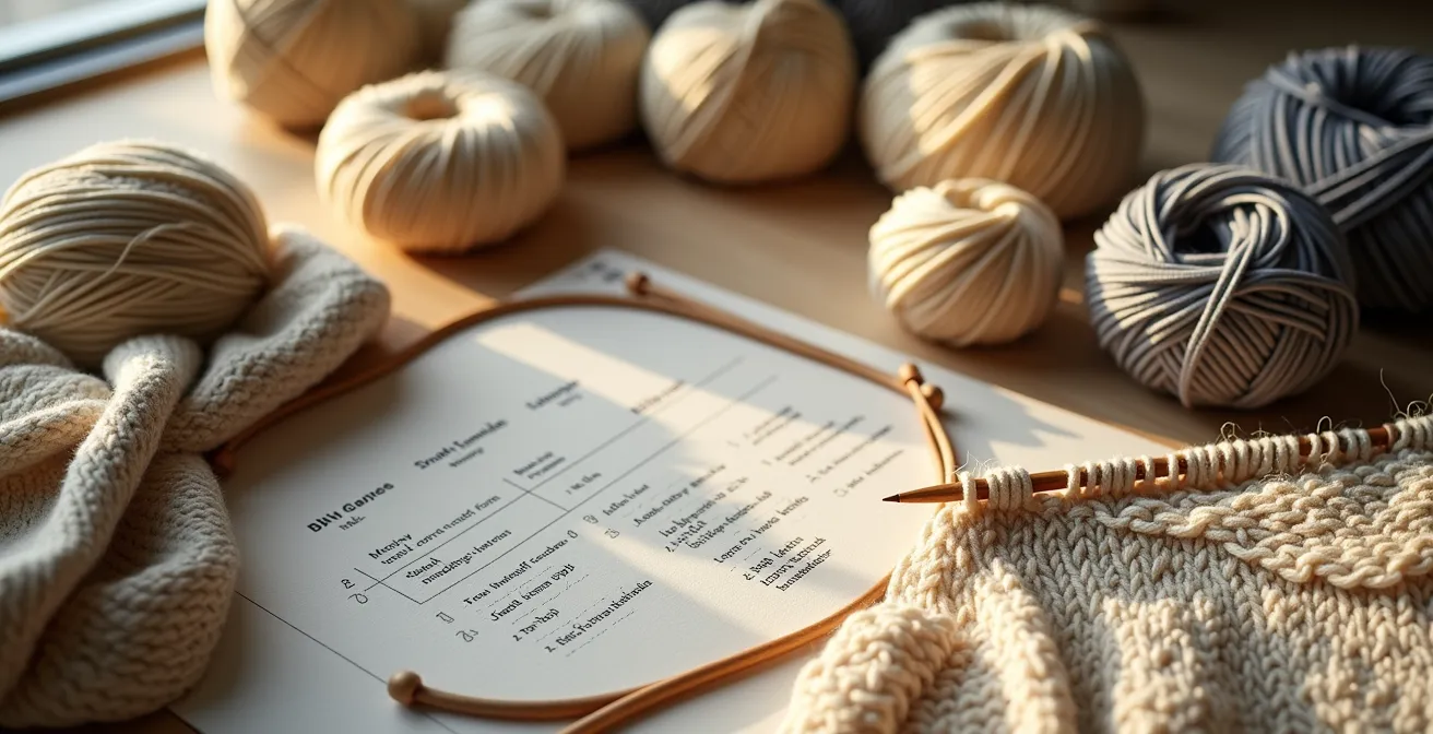 Image hero d'un pull tricoté artisanal en cours de réalisation avec pelotes de laine et aiguilles