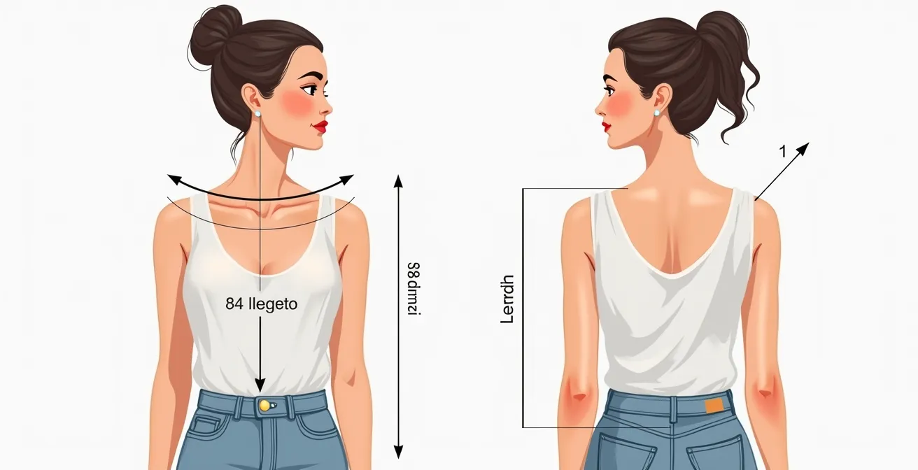 Guide visuel montrant comment prendre les mesures clés du corps pour adapter un patron de tricot (tour de poitrine, carrure, longueur bras)