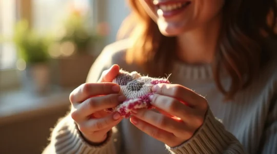 Une personne admirant un projet tricoté ou brodé terminé avec fierté et satisfaction