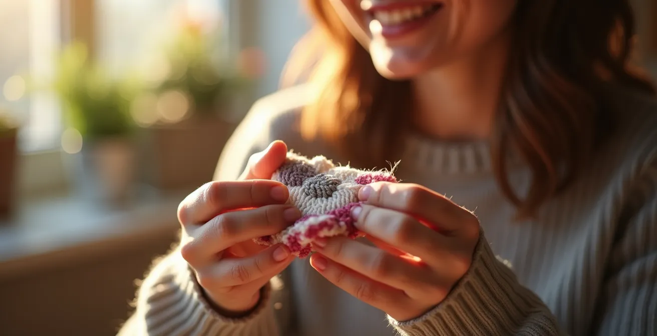 Une personne admirant un projet tricoté ou brodé terminé avec fierté et satisfaction