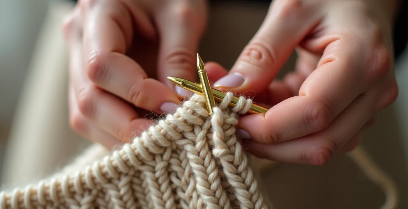Gros plan sur une main tenant un crochet pour récupérer une maille perdue dans un tricot jersey, montrant la technique étape par étape