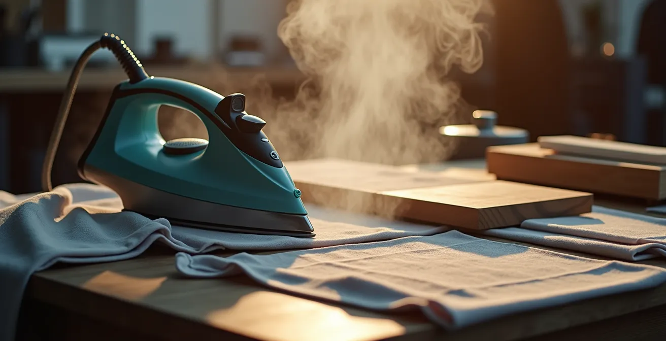 Fer à repasser vapeur avec clapper en bois sur couture professionnelle, montrant la technique de pressage différentiel.