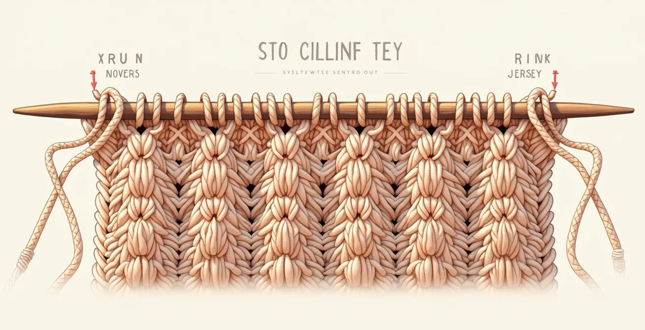Diagramme visuel montrant la physique du jersey avec les mailles endroit en forme de V et les mailles envers en forme de bosses, illustrant comment elles s'emboîtent pour créer la texture caractéristique