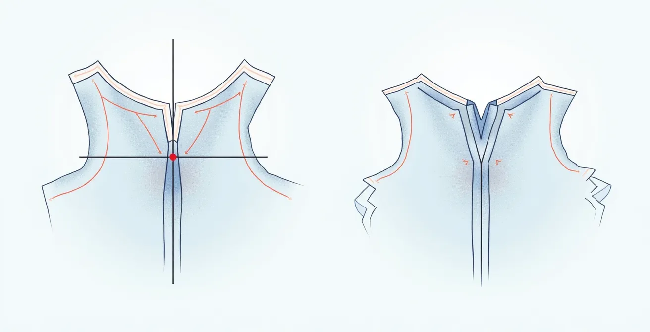Diagramme technique montrant les différences entre le crantage des courbes concaves et convexes en couture