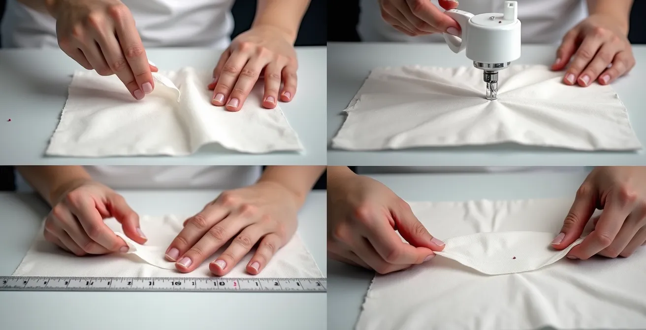 Démonstration visuelle des techniques de stabilisation pour couper les tissus fluides : papier de soie encadrant un tissu transparent, utilisation de poids, spray d'eau et marquage du droit-fil avec une épingle.