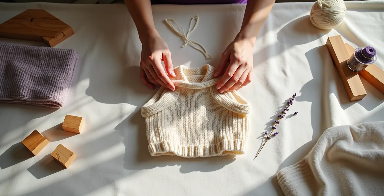 Un tricot finement bloqué étalé à plat sur un tissu blanc, montrant les contours nets et précis après le processus de finition, symbolisant la conservation et la transmission
