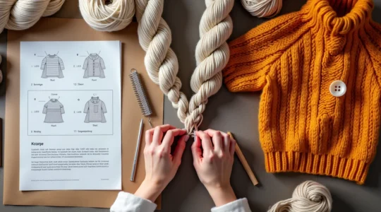 Ensemble de fils de couleur, aiguilles à tricoter et un pull en cours de création montrant la transformation d'un patron de base en pièce unique et personnalisée