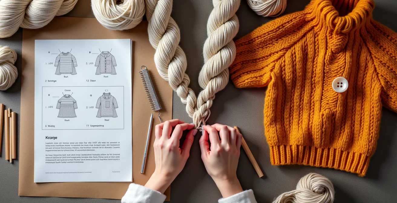 Ensemble de fils de couleur, aiguilles à tricoter et un pull en cours de création montrant la transformation d'un patron de base en pièce unique et personnalisée