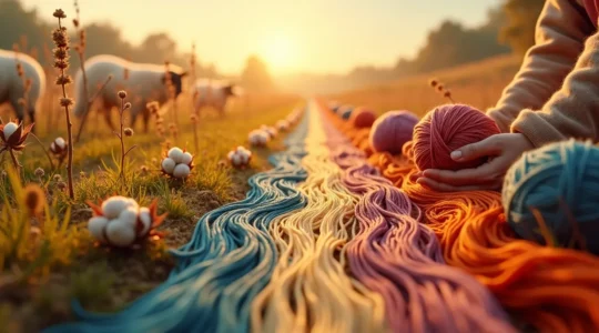 Illustration montrant la transformation des fibres textiles de leur source naturelle jusqu'à la pelote de laine, avec les plantes et animaux d'élevage à gauche et le fil fini à droite