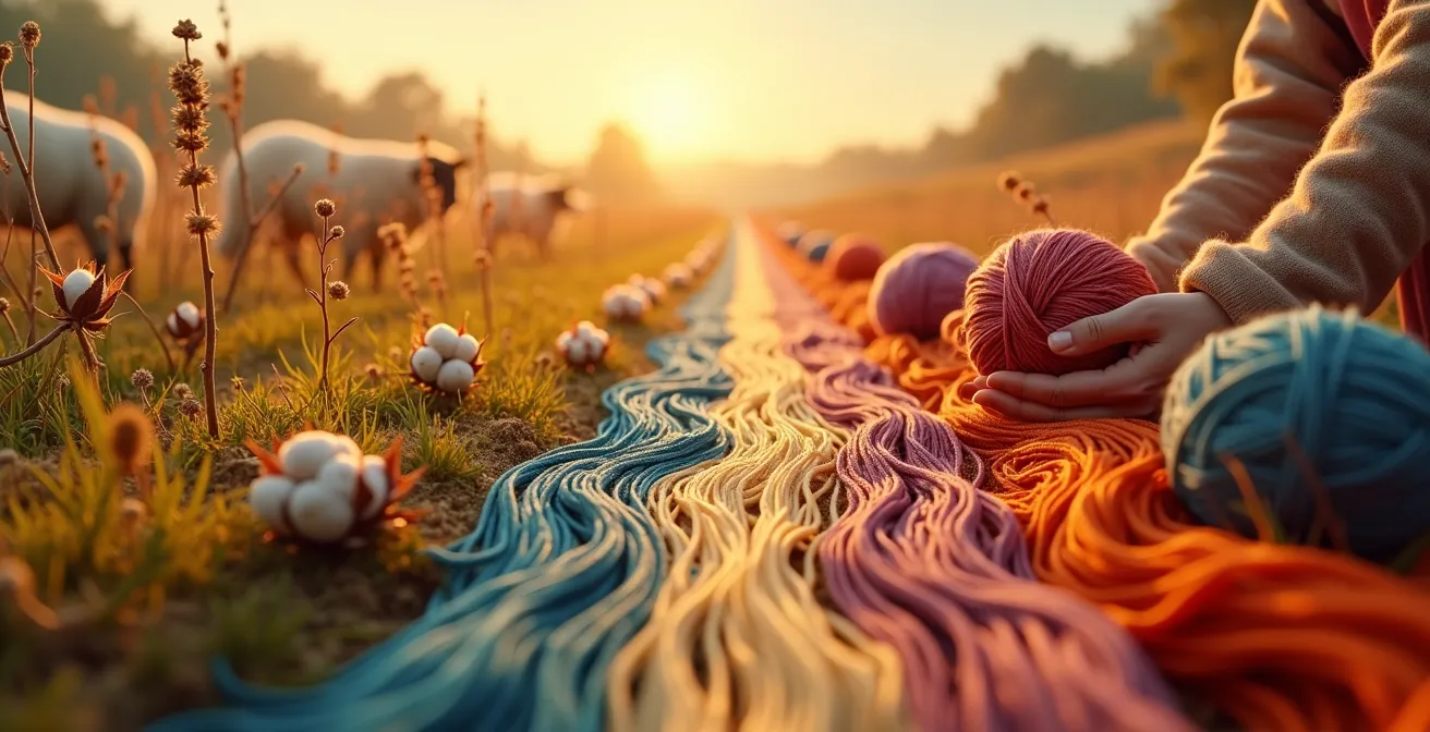 Illustration montrant la transformation des fibres textiles de leur source naturelle jusqu'à la pelote de laine, avec les plantes et animaux d'élevage à gauche et le fil fini à droite