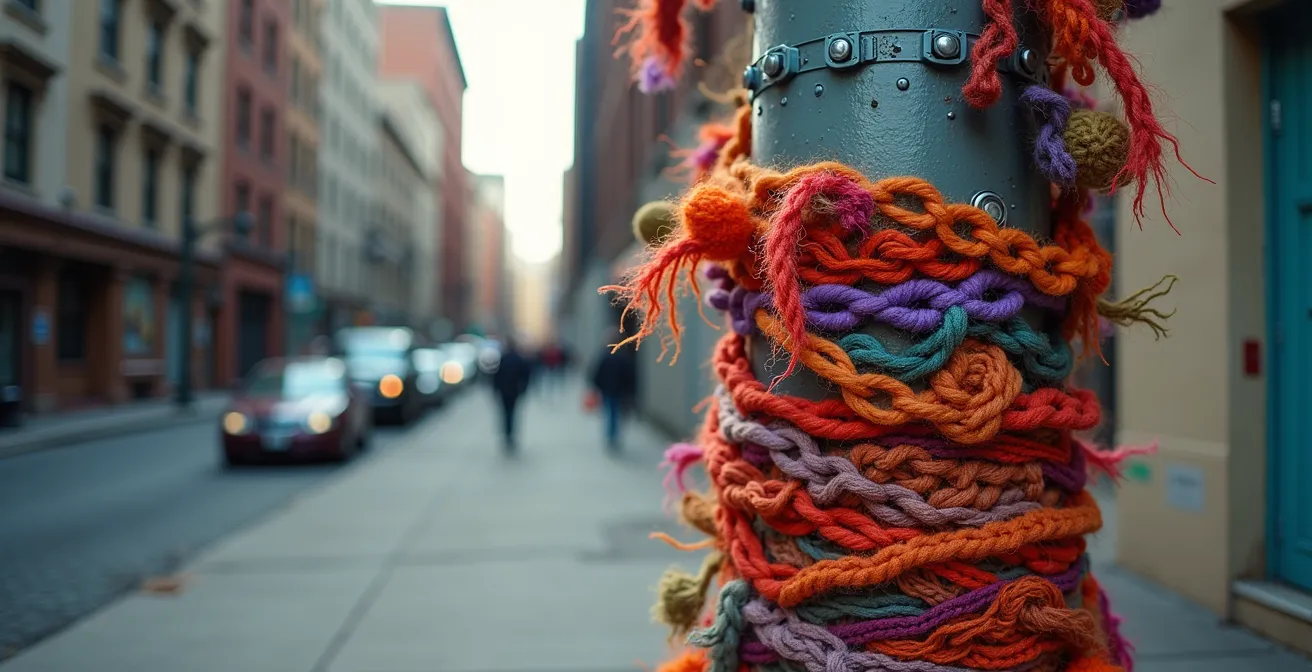 Un escalier ou un poteau urbain élégamment habillé de tricot et crochet multicolore, transformant l'espace gris en art textile vivant et poétique.