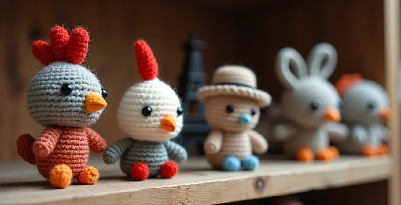 Collection d'amigurumis inspirés de la culture française disposés sur une étagère en bois