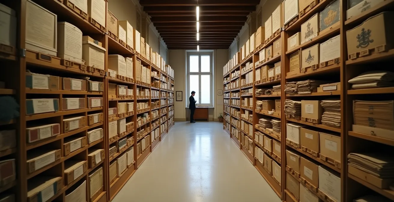 Vue d'ensemble d'archives textiles historiques dans un musée français