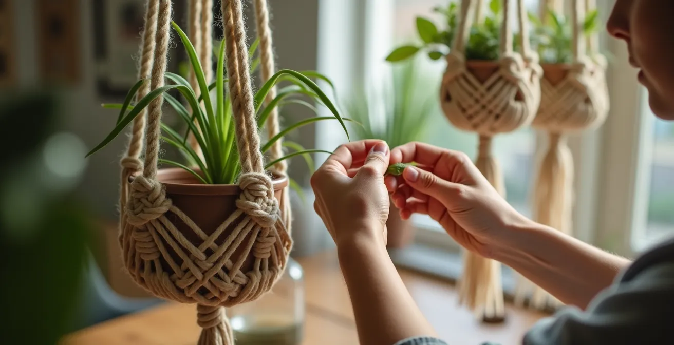Mains créant une suspension en macramé dans un atelier bohème