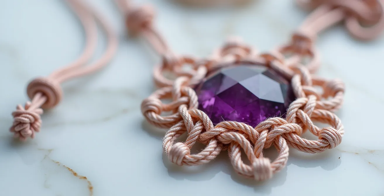Gros plan sur des bijoux en micro-macramé ornés de pierres semi-précieuses françaises