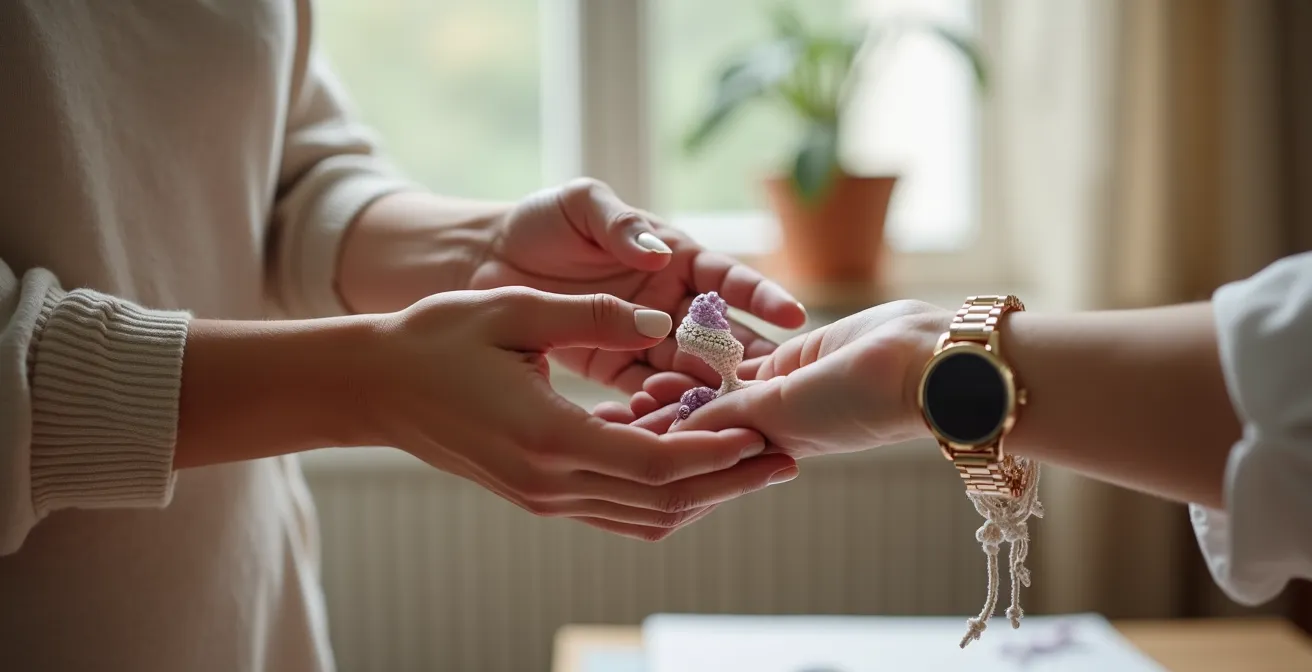 Bracelet en micro-macramé aux couleurs pastel sur poignet féminin avec montre classique