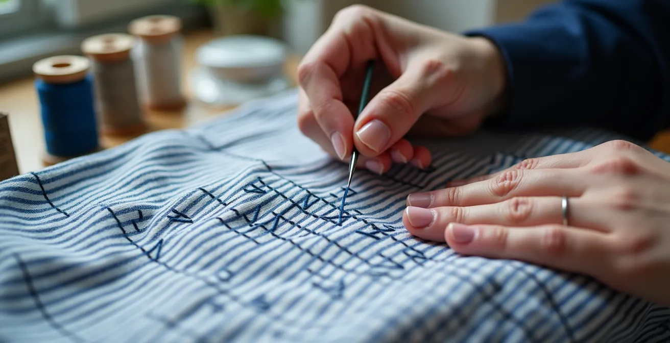 Broderie Sashiko bleue sur une marinière rayée avec motifs géométriques