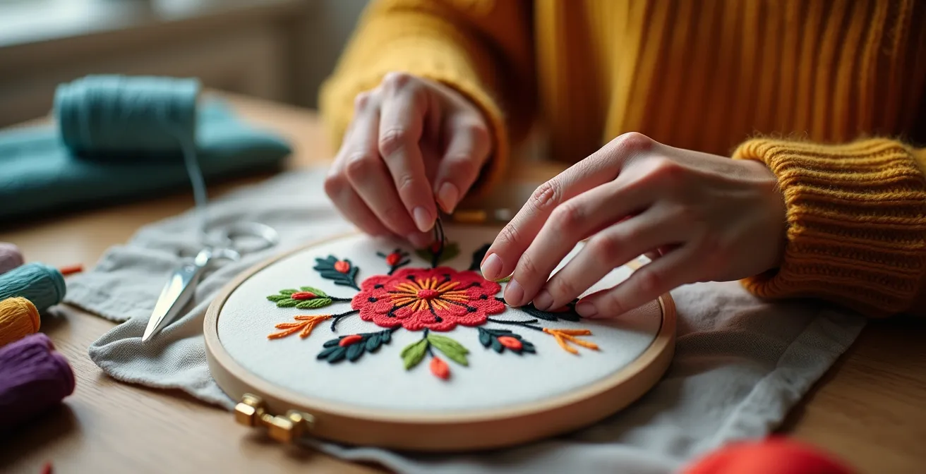 Réparation créative brodée sur un pull en laine avec fils colorés