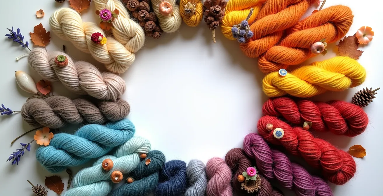 Composition circulaire de matériaux créatifs représentant les 12 mois de l'année avec éléments saisonniers