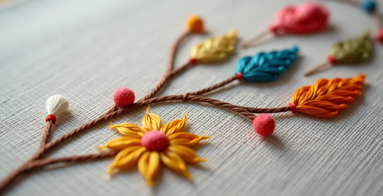 Gros plan sur différents points de broderie montrant la texture et le relief des fils colorés sur toile de lin