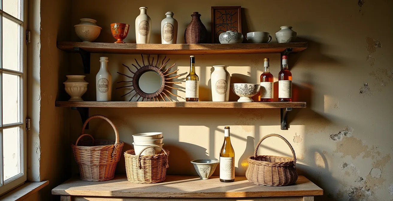 Collection d'objets vintage bohèmes chinés avec céramiques et rotin