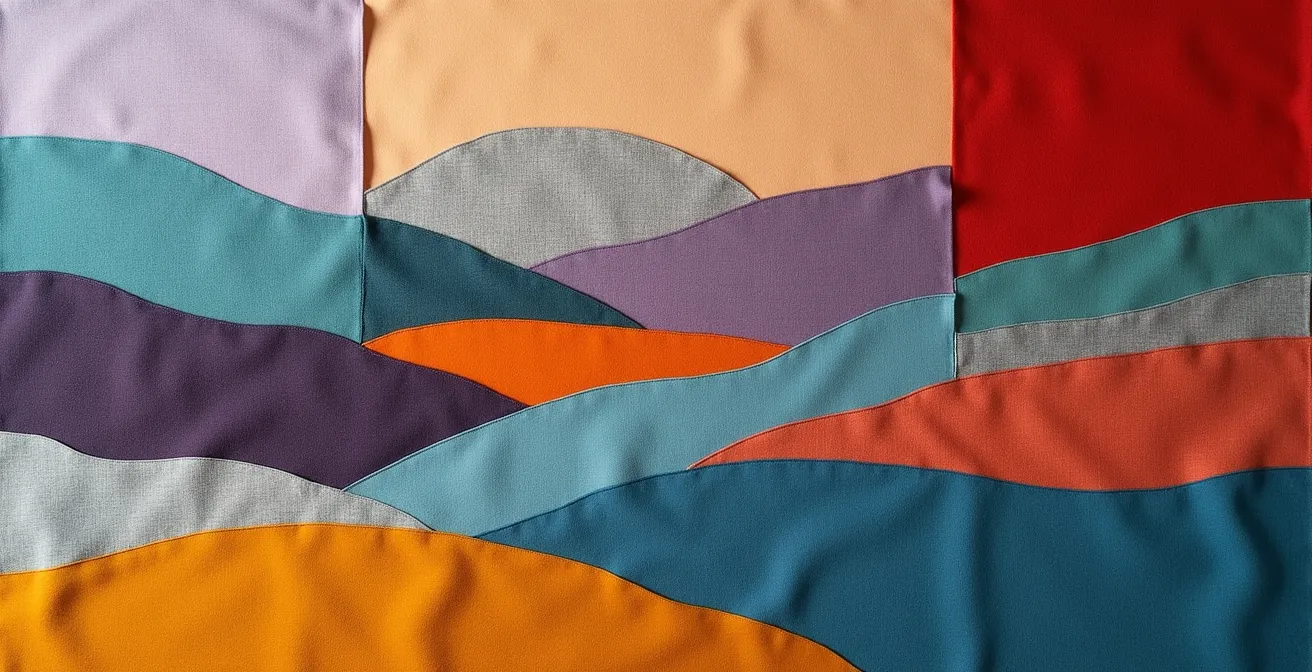Composition textile abstraite avec blocs de couleurs inspirés des paysages français