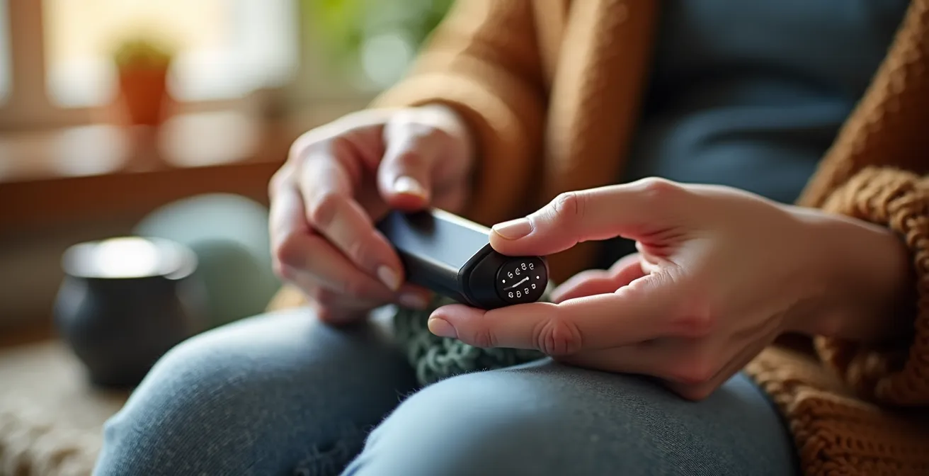 Mains tenant un compte-rangs numérique moderne avec tricot en arrière-plan flou