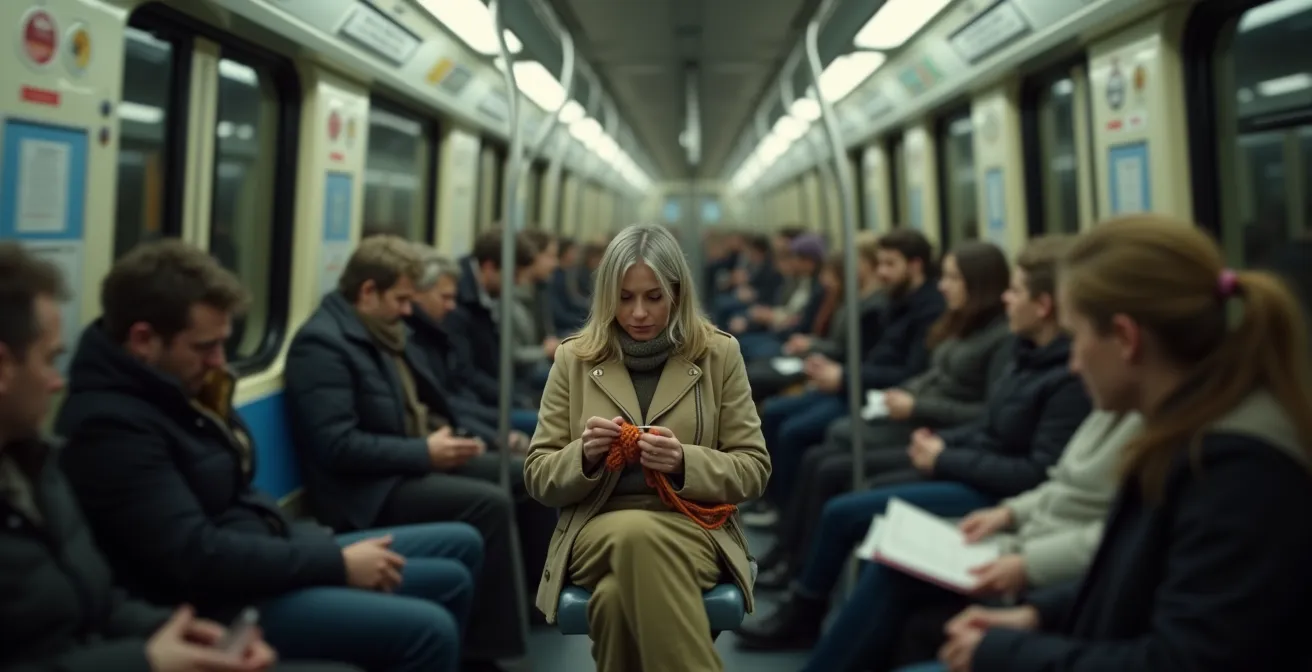Personne tricotant dans les transports en commun, visage serein