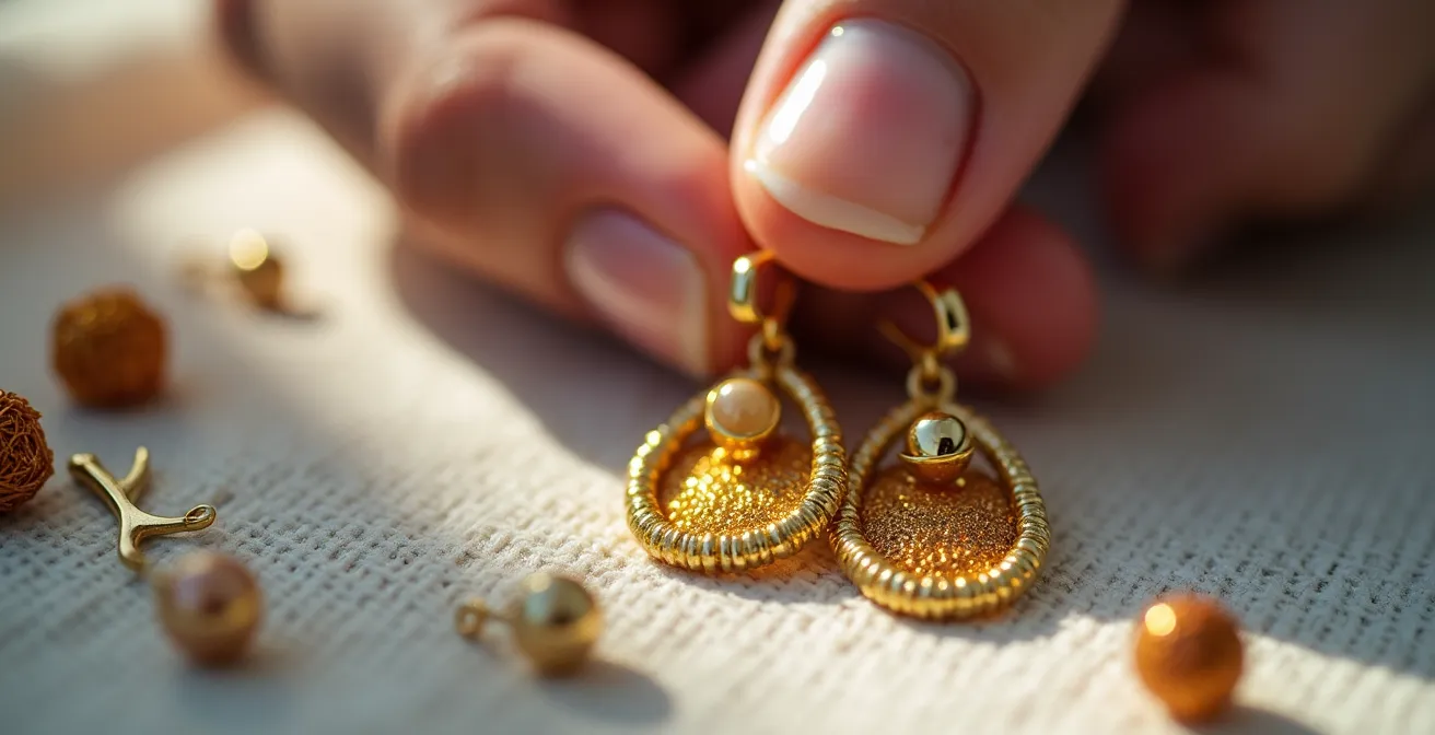 Mains délicates assemblant des boucles d'oreilles textiles colorées