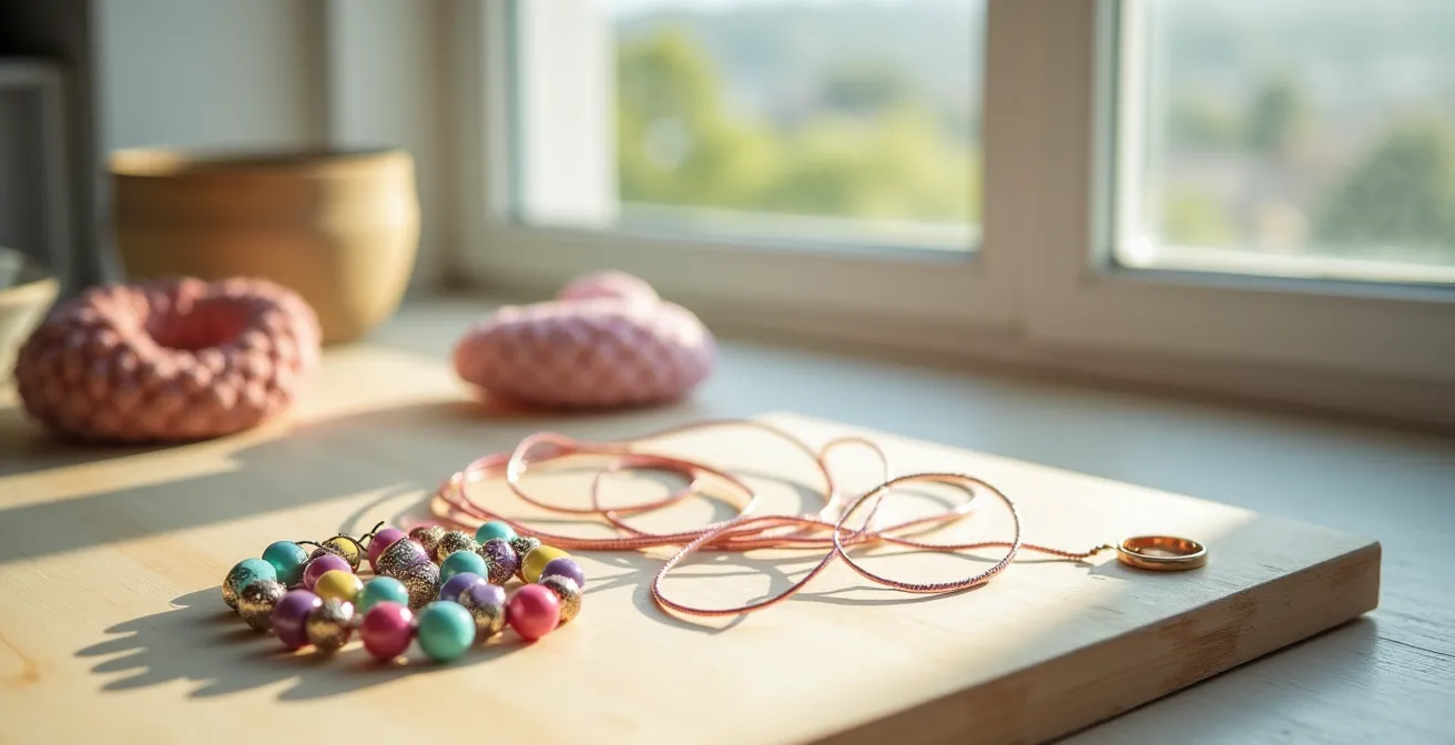 Vue minimaliste d'un atelier de création avec perles et fils pour fabriquer des marqueurs