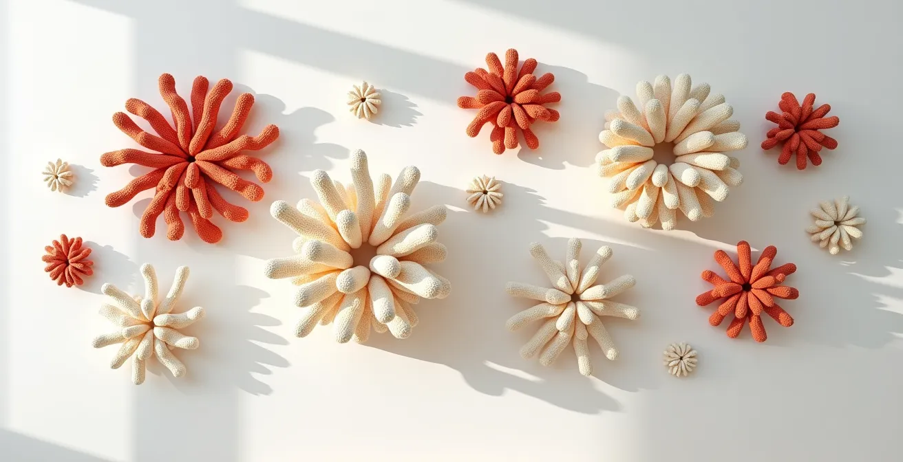 Sculptures murales au crochet en relief représentant des formes organiques inspirées de la nature