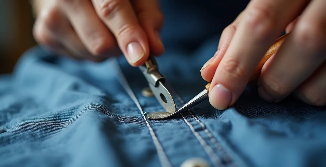 Gros plan sur des mains expertes utilisant un découd-vite sur une couture de chemise