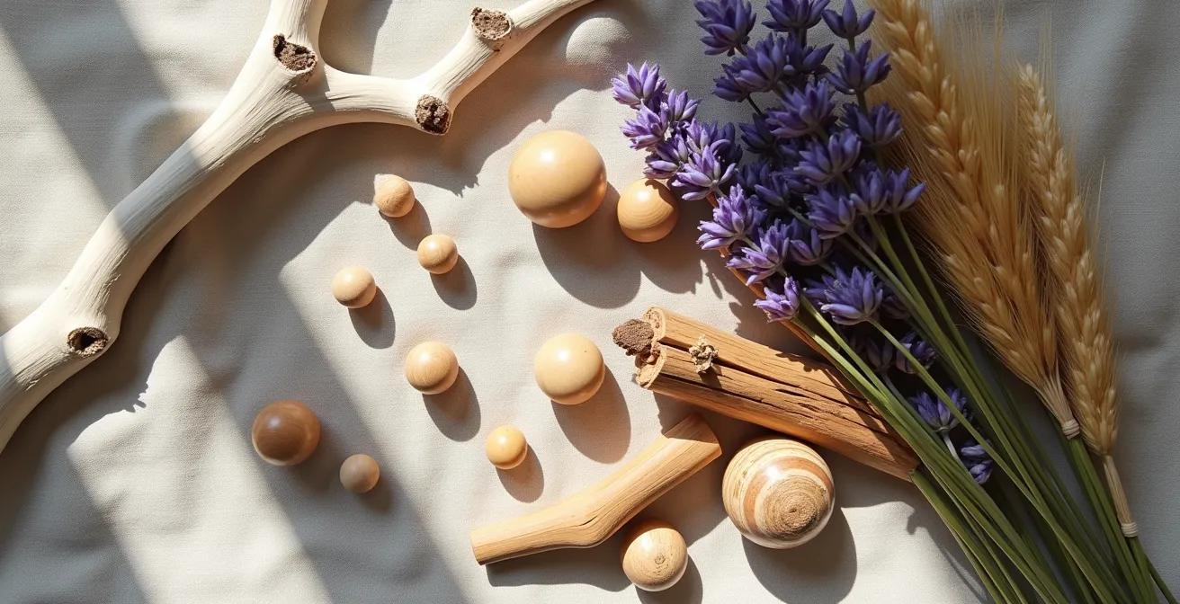 Composition de bois flotté, perles en bois brut et fleurs séchées de Provence pour décoration macramé
