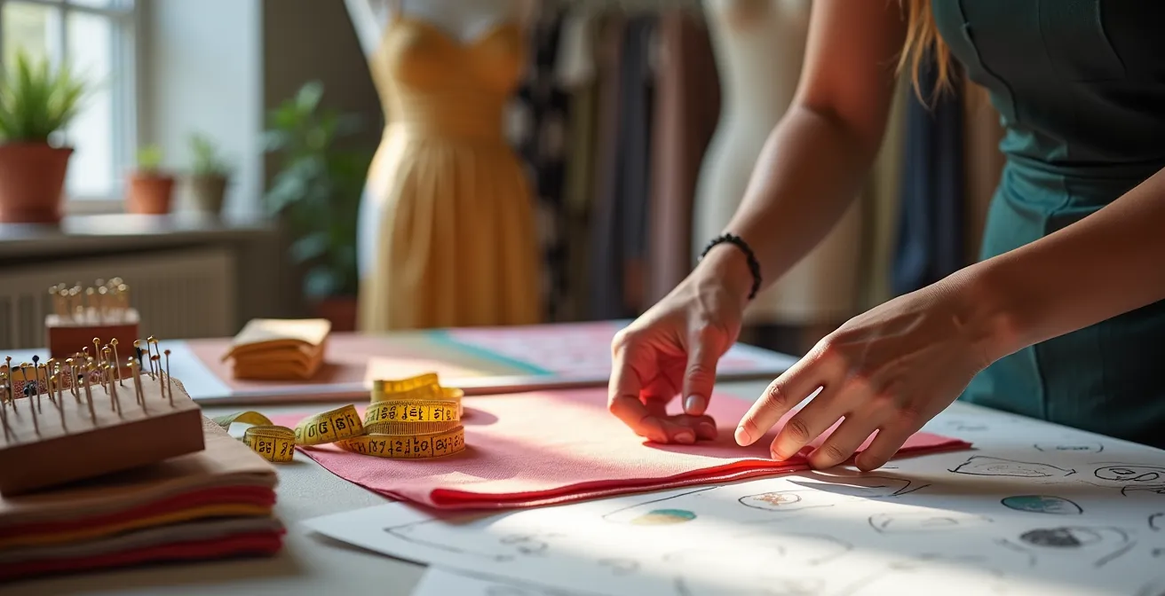 Espace de création avec toiles de prototypes et expérimentations textiles audacieuses