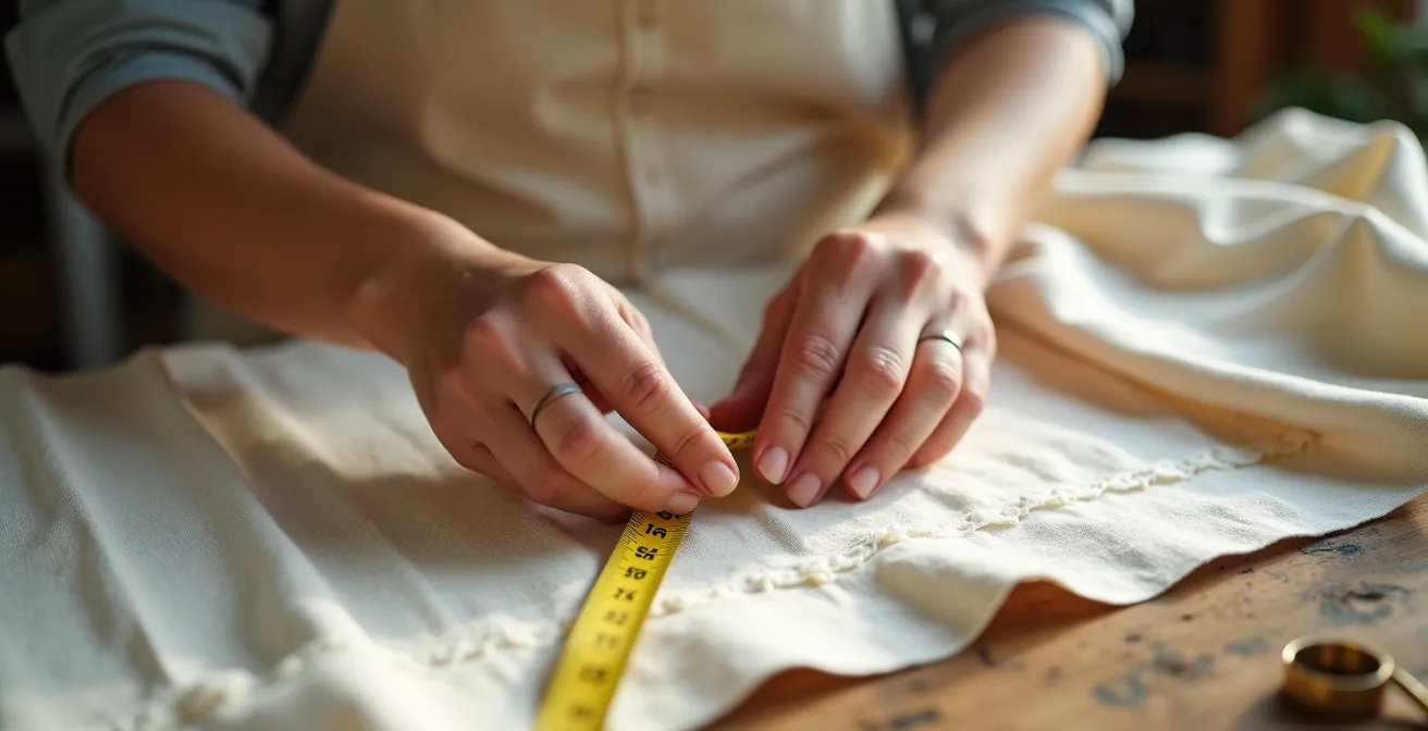 Femme prenant des mesures sur un tissu dans un atelier de couture baigné de lumière naturelle
