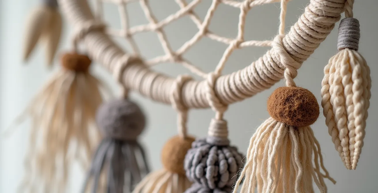 Gros plan sur les finitions d'un attrape-rêves avec pompons de laine, coquillages bretons et lavande séchée