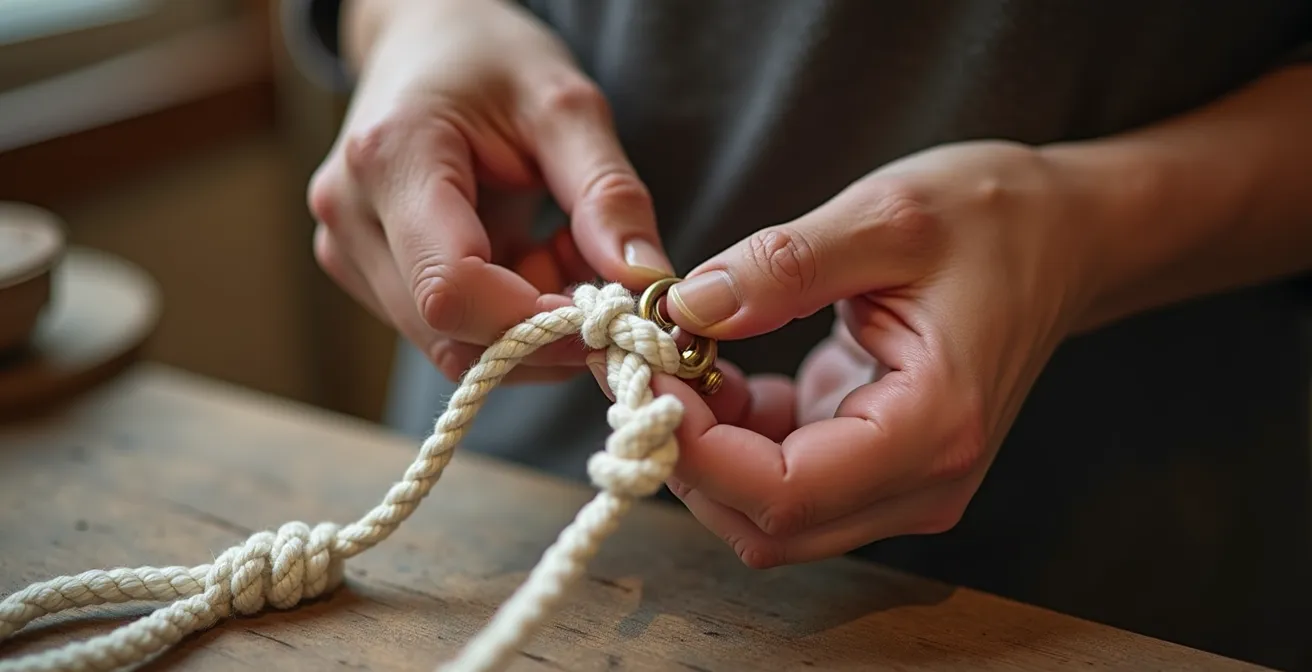Gros plan sur des mains fixant des fils de macramé sur une boucle de ceinture en laiton
