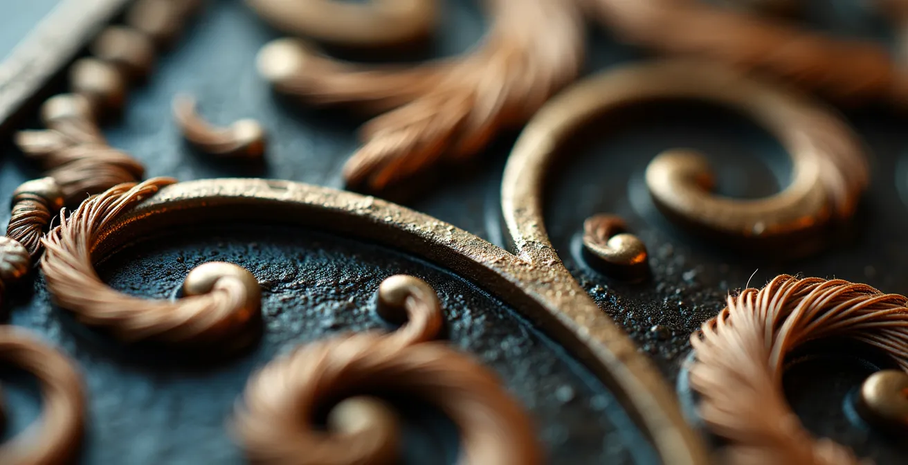Détail macro d'une grille Art Nouveau avec des fils de broderie qui reproduisent les motifs
