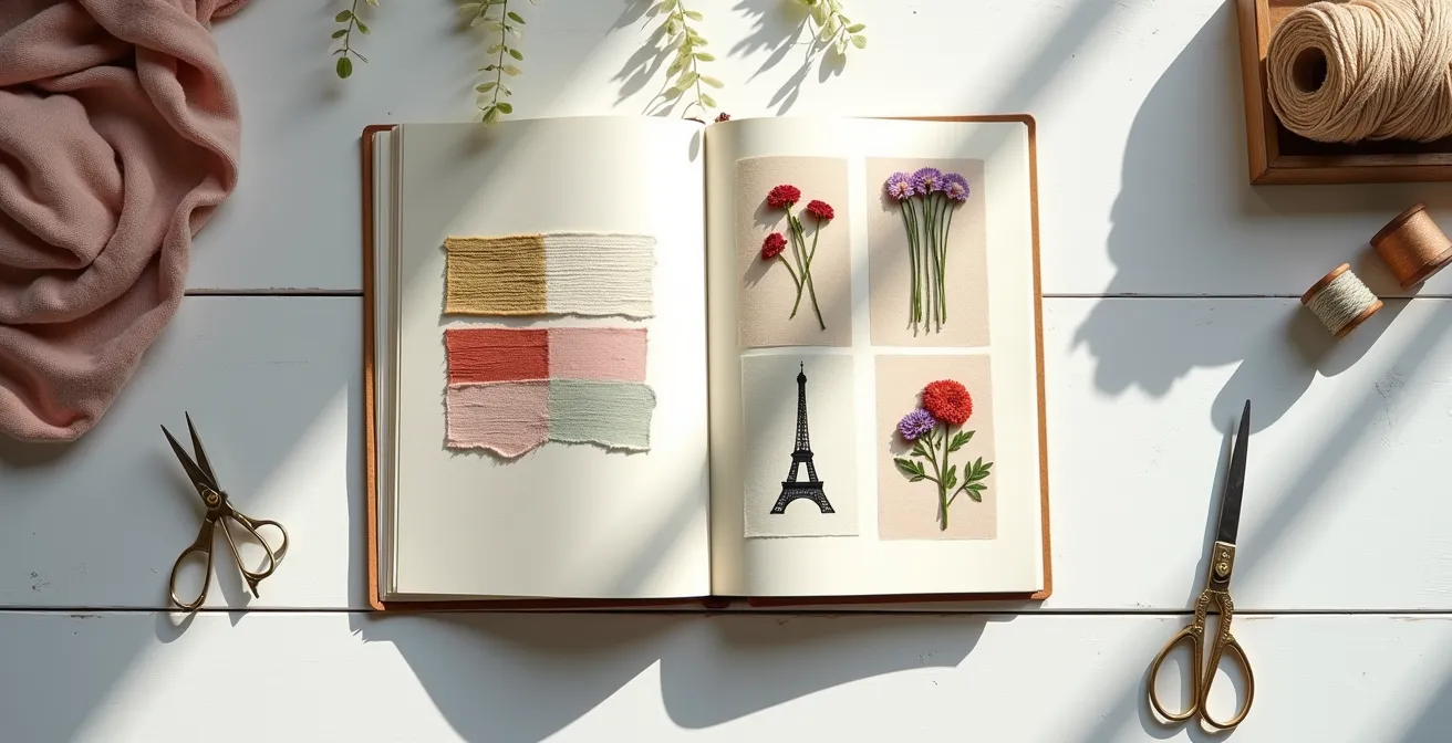 Carnet créatif ouvert avec échantillons de fils, croquis de motifs et palettes de couleurs