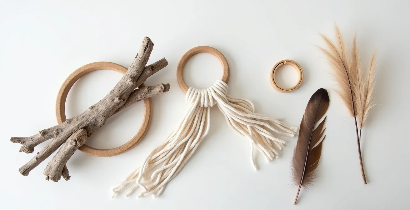 Arrangement artistique de matériaux de récupération pour macramé incluant bois flotté, chutes de tissus et corde recyclée