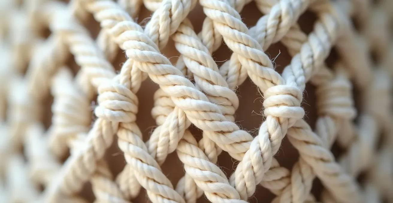 Détail macro d'un losange en macramé avec nœuds plats en corde de coton écru