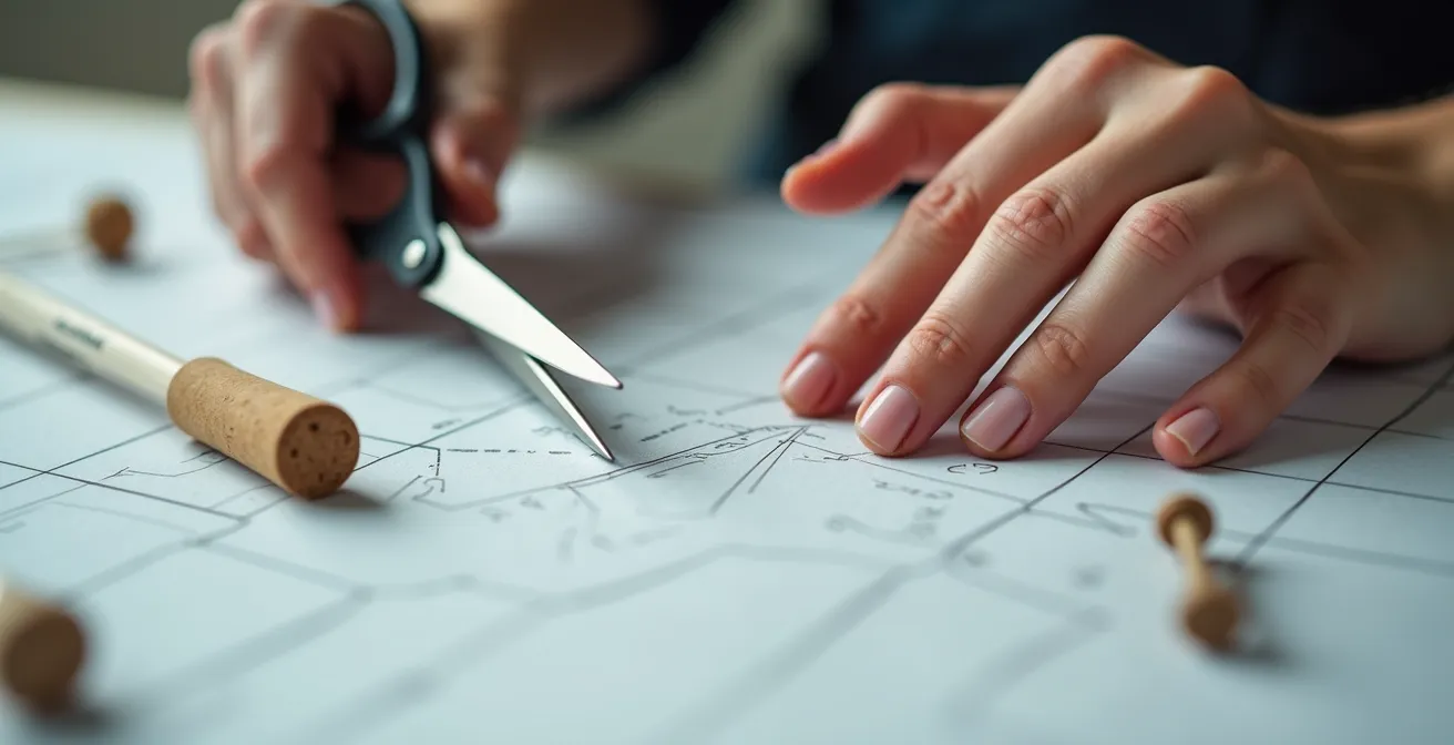 Mains découpant soigneusement un patron en papier avec des lignes d'ajustement tracées