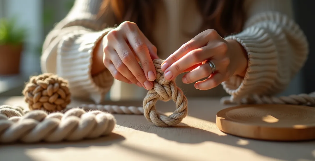 Mains réalisant un nœud plat simple en macramé pour débutant