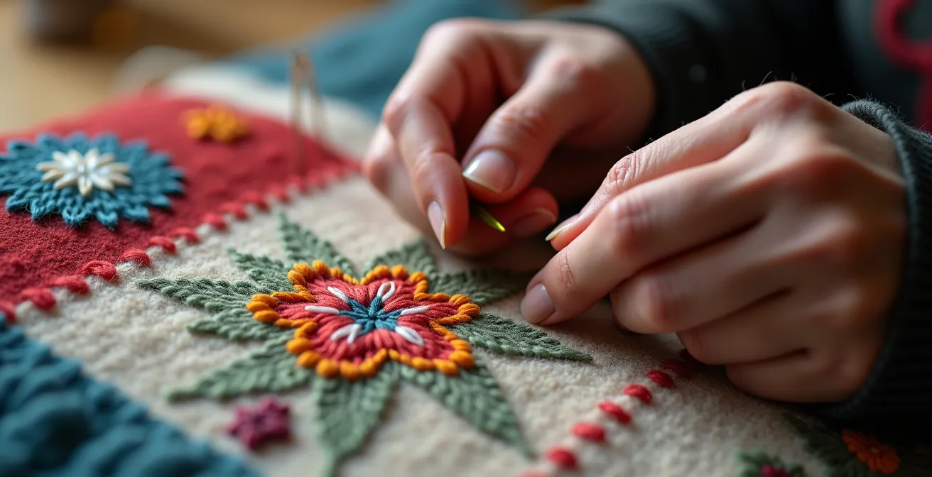 Gros plan sur des mains réparant un vêtement avec la technique du visible mending