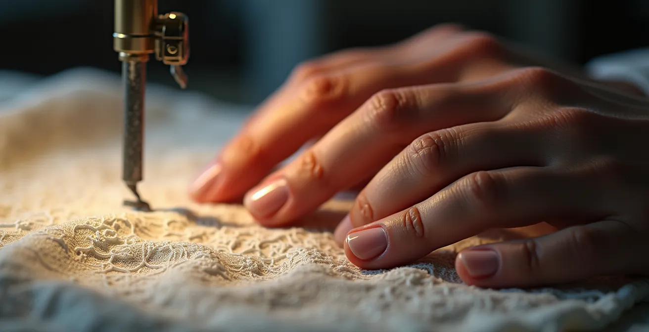 Mains travaillant différents tissus français traditionnels dans un atelier lumineux