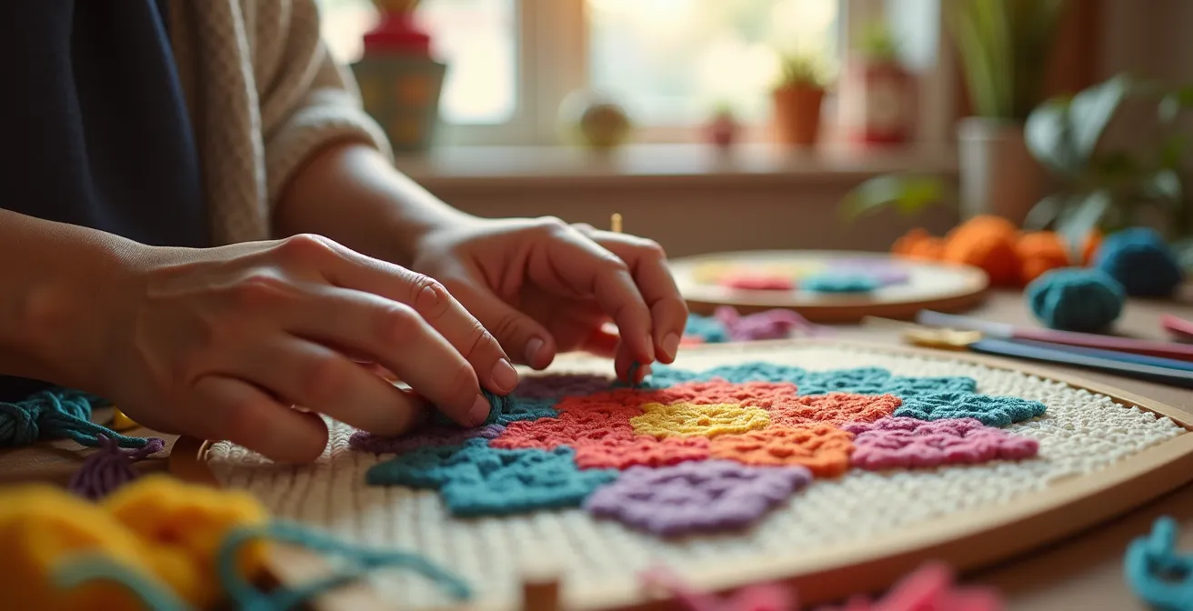 Mains créant une tenture murale colorée avec la technique du latch hooking