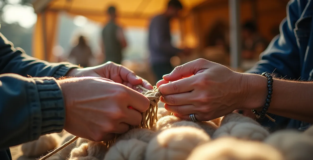 Artisan français présentant ses créations textiles lors d'un marché local