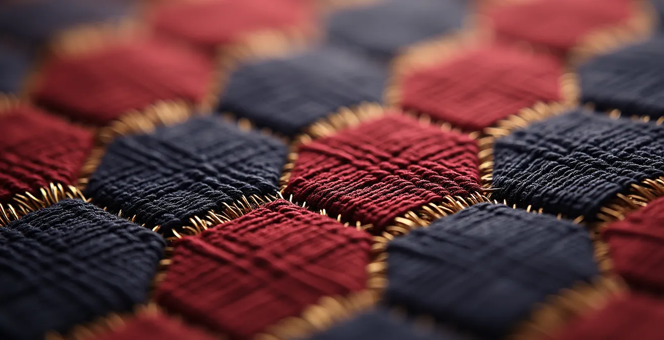 Détail macro d'un tissage jacquard traditionnel montrant l'entrelacement complexe des fils colorés